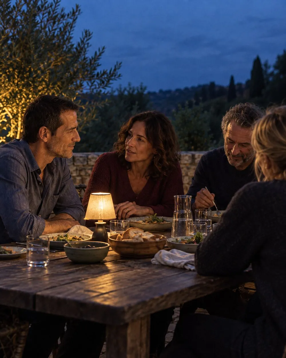 Four friends sharing a relaxed terrace dinner at dusk